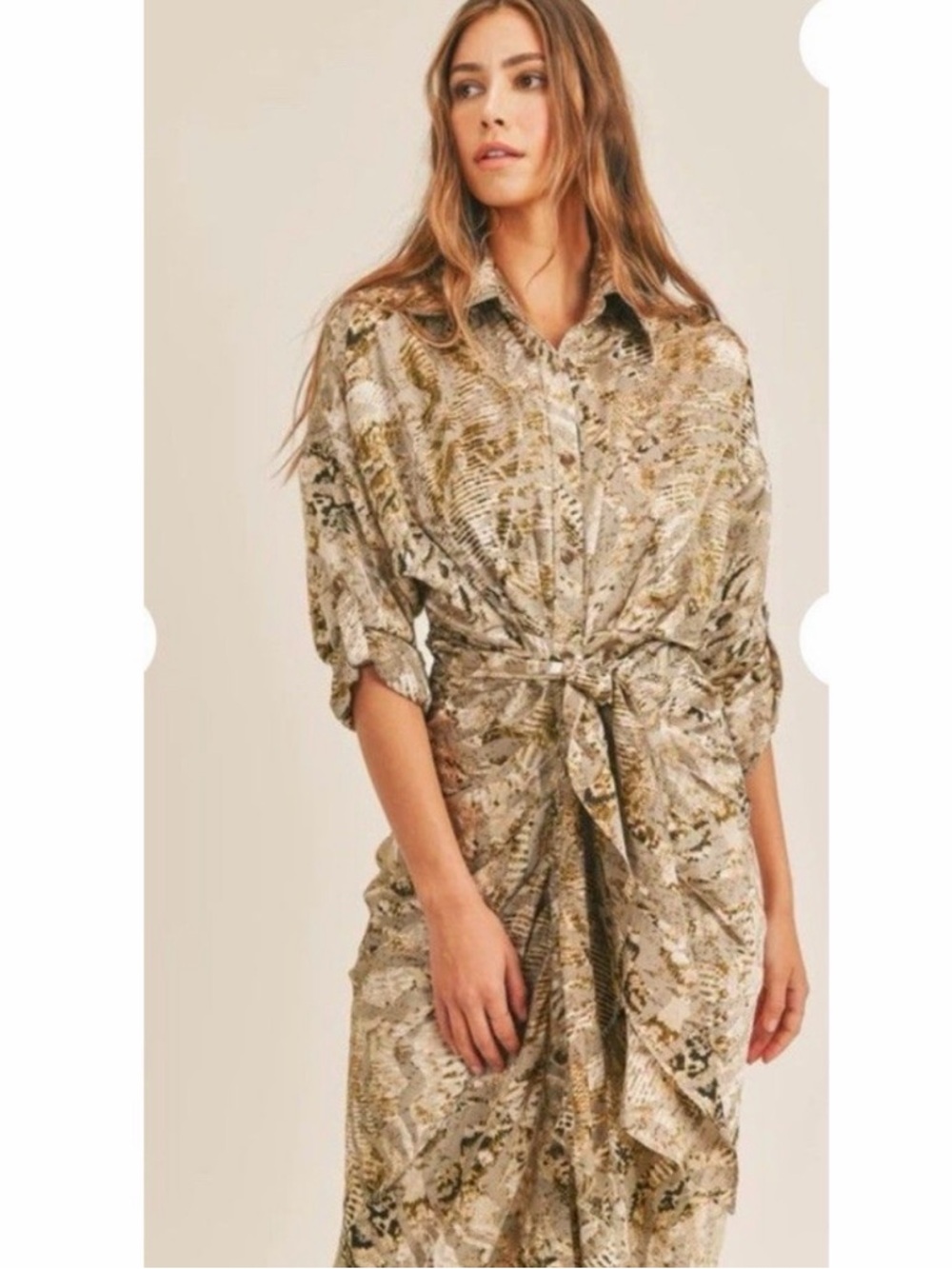 MARBLE Neutral Earth-Tone Printed Tie-Waist Midi Dress